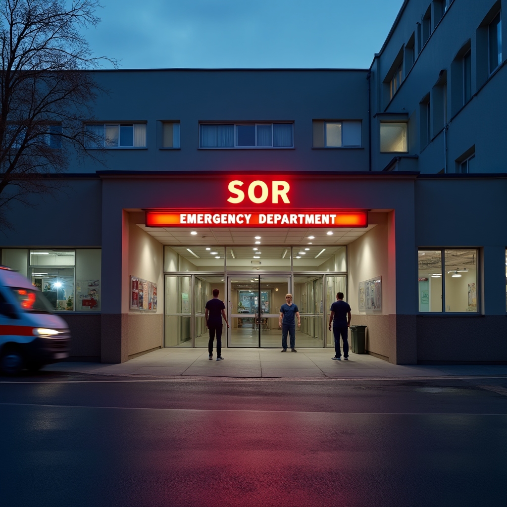 Polish hospital emergency entrance SOR sign illuminated at dusk, ambulance bay visible, clean modern hospital architecture